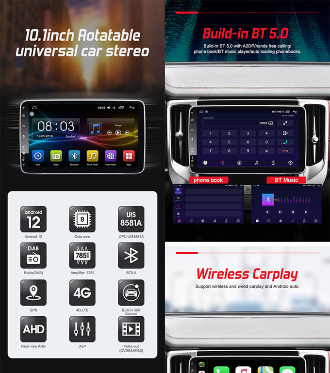 Universal Car Stereo 10.1inch Rotate Universal Car GPS Support RDS DAP Built-In 360 Panorama Camera ​